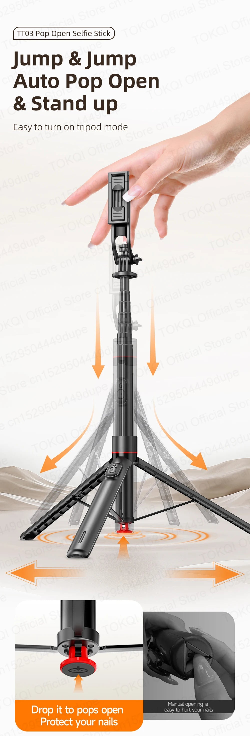 TOKQI TT03 — Perche à Selfie Extensible 1.76m Ouverture Auto Télécommande Magnétique
