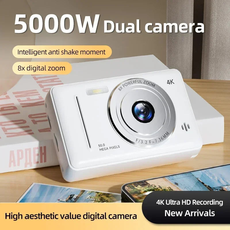 Appareil photo numérique rétro CCD portable — double caméra, flash, 50 MP, mise au point automatique