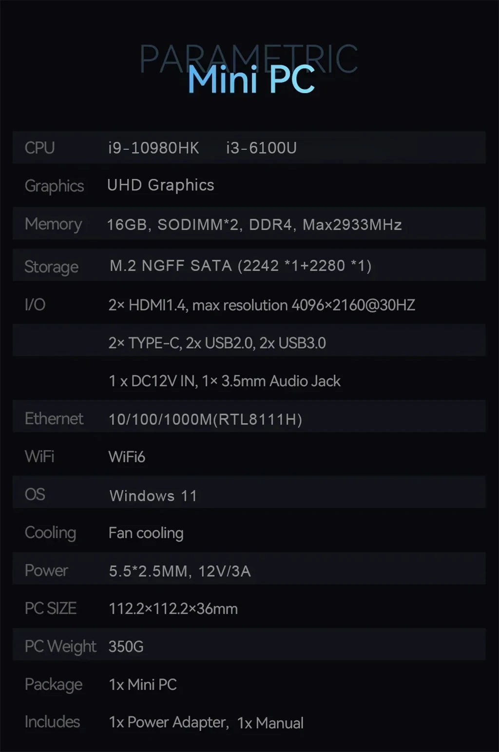 Mini PC Gaming Intel Core i9-10980HK / i3-6100U Windows 11 — 16/32 Go RAM, SSD 256Goà 2To, WiFi 6, 4K
