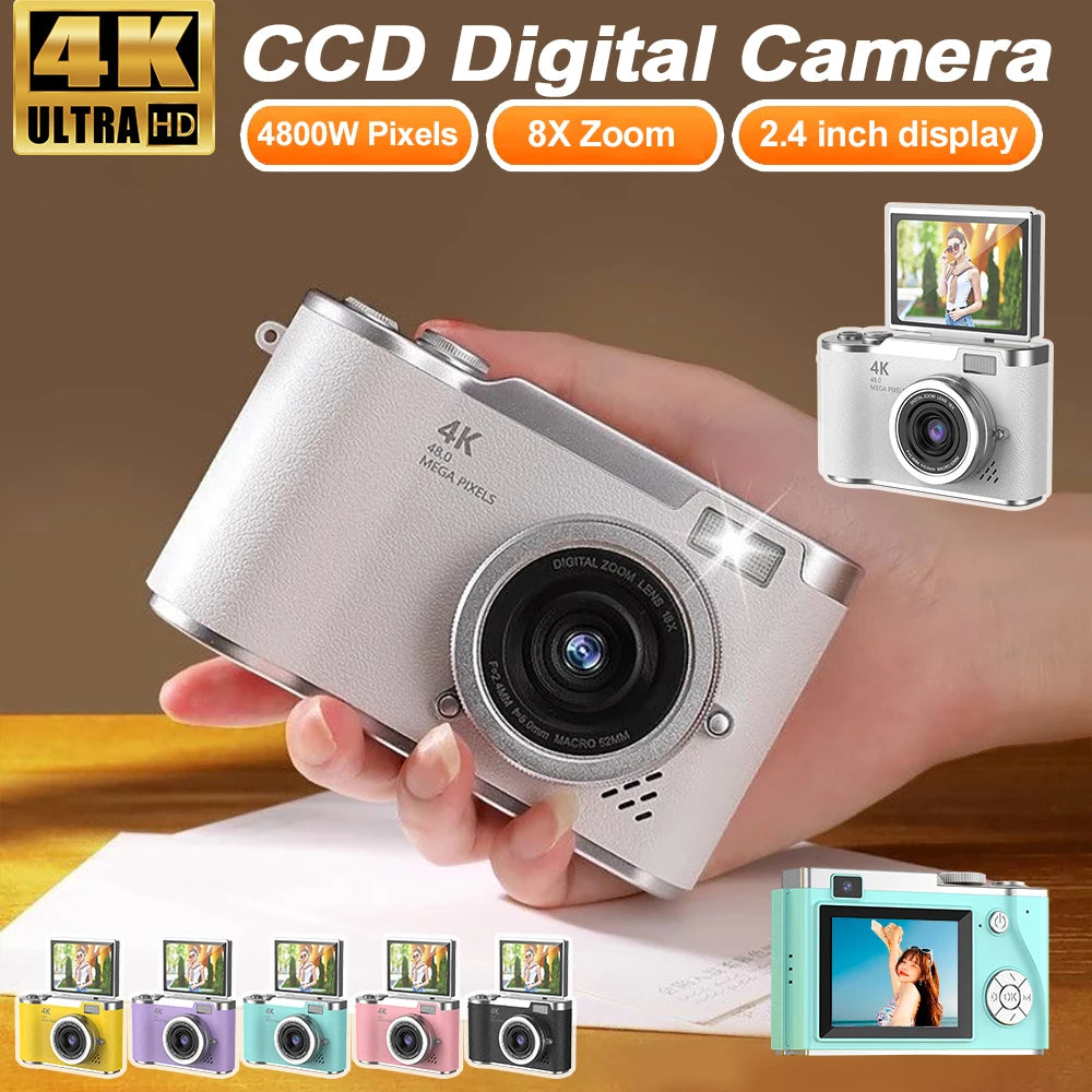 New 4K CCD 8X Digital Zoom Digital Camera for Students 48MP Compact Digital Photography Camera 180 Flip Screen Selfile Camera