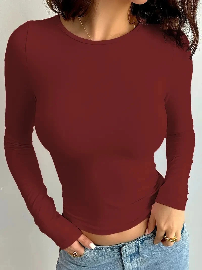 T-shirt décontracté à col rond uni et manches longues pour l'été 2026, idéal printemps et automne, vêtements pour femmes