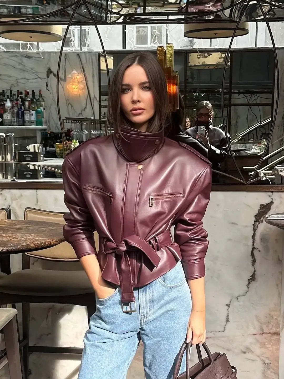 Femmes solide bordeaux taille cintrée veste mode à lacets col montant fermeture éclair seau vestes courtes 2025 dame haute rue manteau