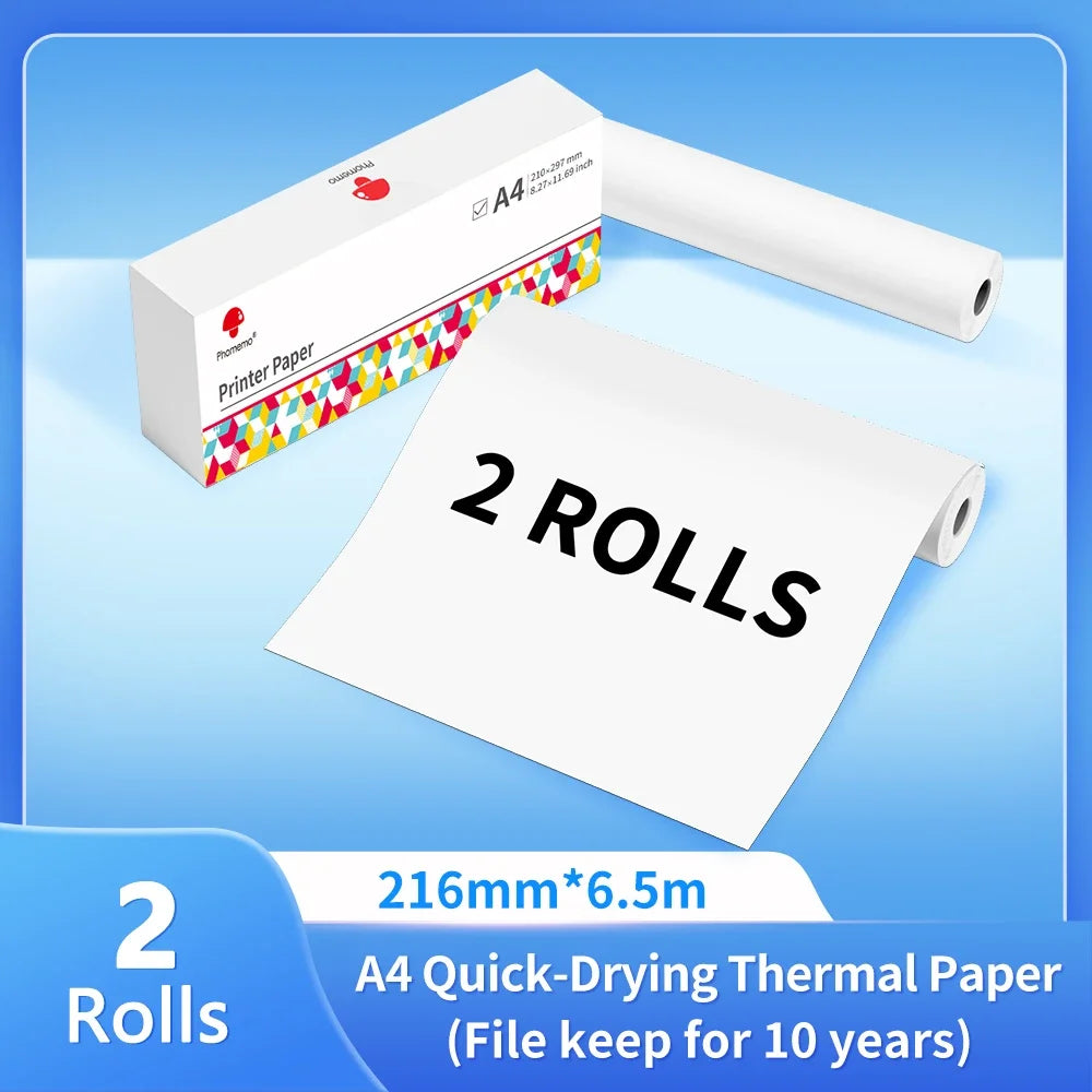 Papier thermique A4 pour imprimante portable — séchage rapide, continu, 2 rouleaux