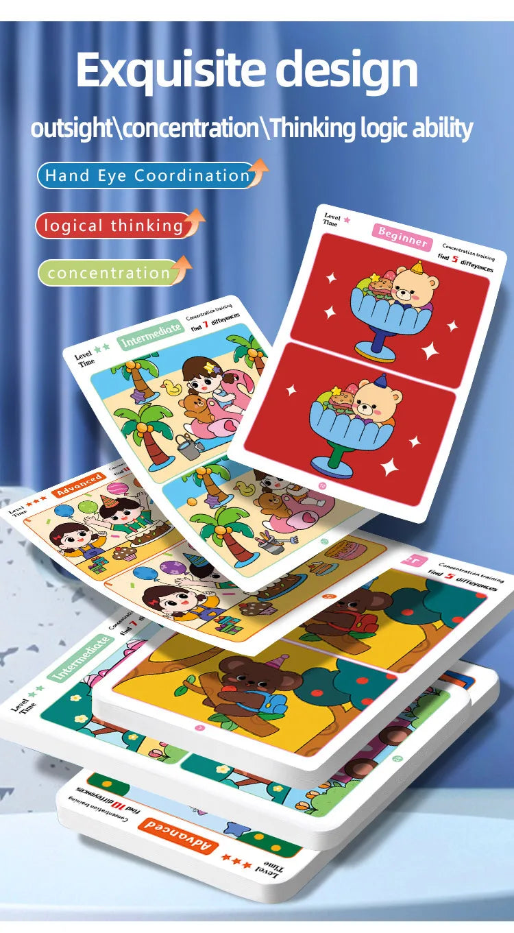 Trouver des différences Jeu de cartes Puzzle éducatif de dessin animé réutilisable pour enfants Trouvez des niveaux de difficulté pour la formation à l'attention de concentration