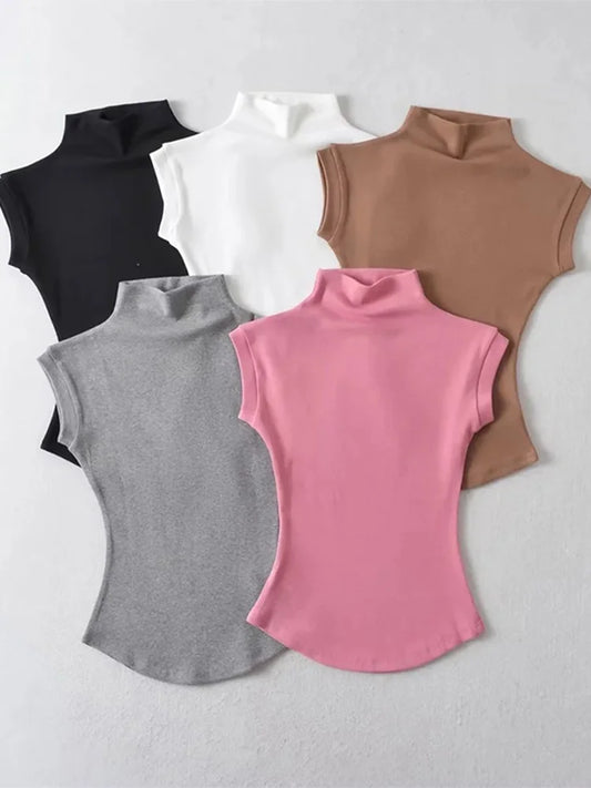 Women Summer Sexy Turtleneck Sleeveless T-Shirts Solid Slim Fit Pullovers Casual T-shirts Female Streetwear Basic T-Shirts