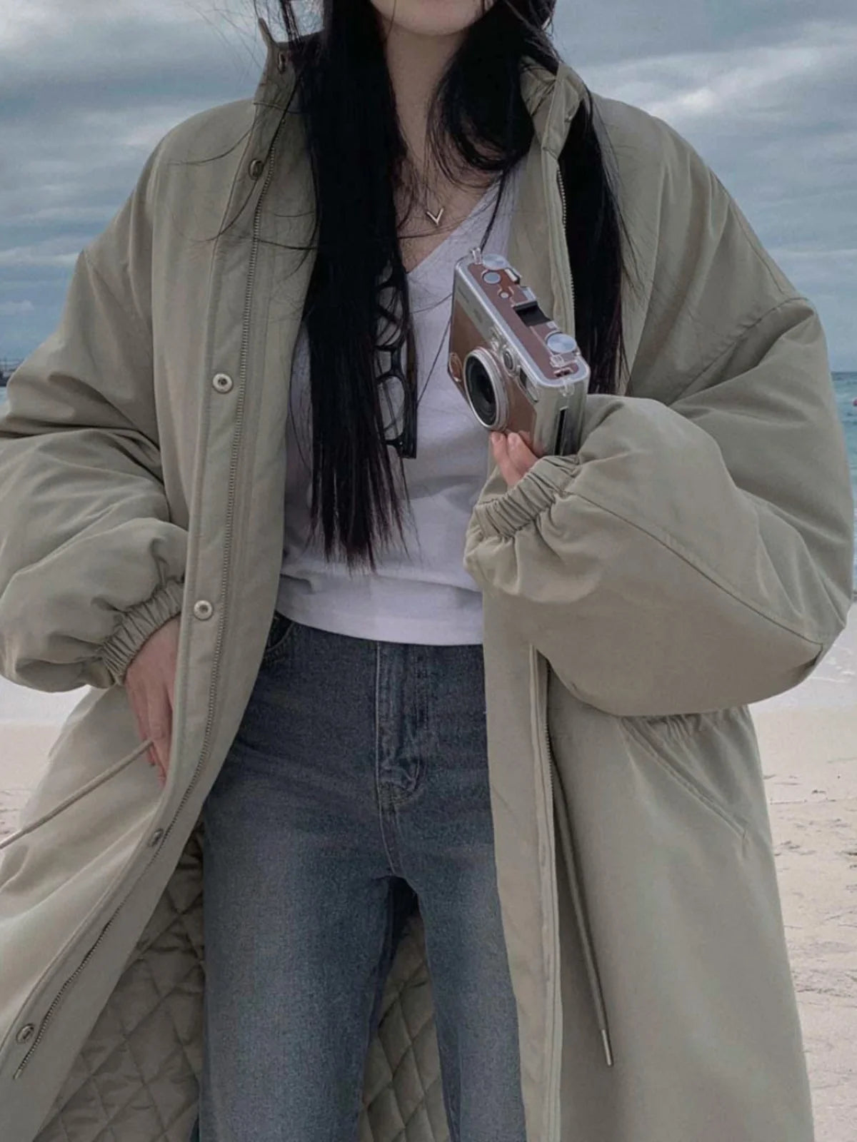 Manteau long chic en coton pour femme, chaud, style coréen, coupe ample, avec cordon de serrage, idéal pour le travail et les trajets quotidiens
