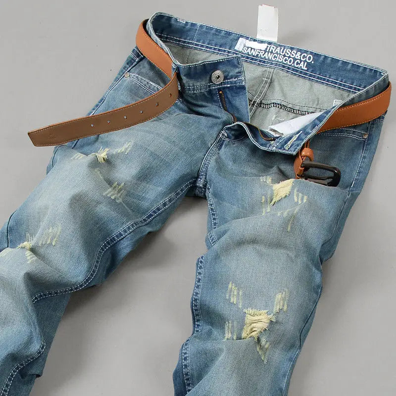 Jean Décontracté Ample Homme Vintage — Droit Trou Tout-Match Automne Hiver