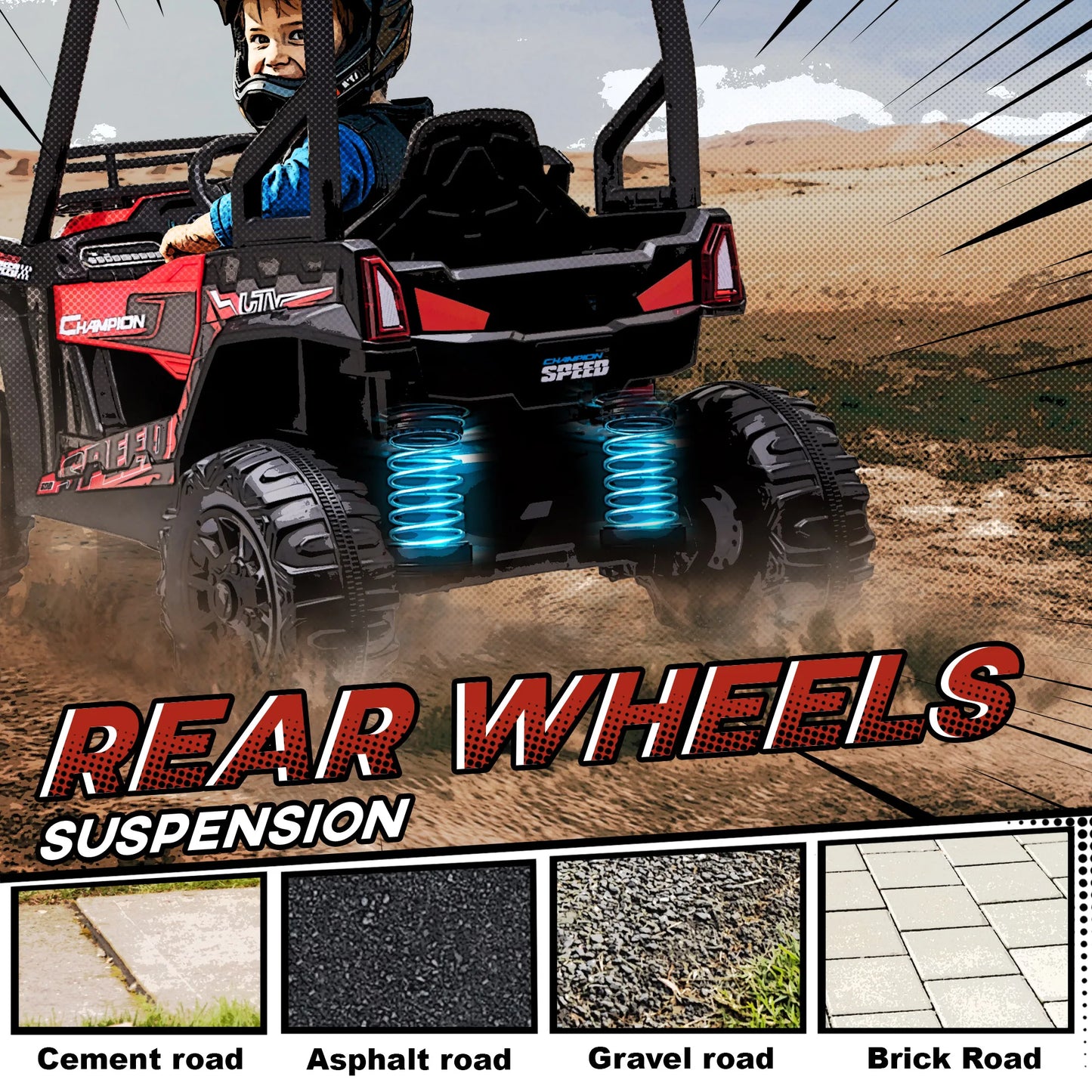 Coche eléctrico ATV para niños con suspensión real y mando a distancia, rojo