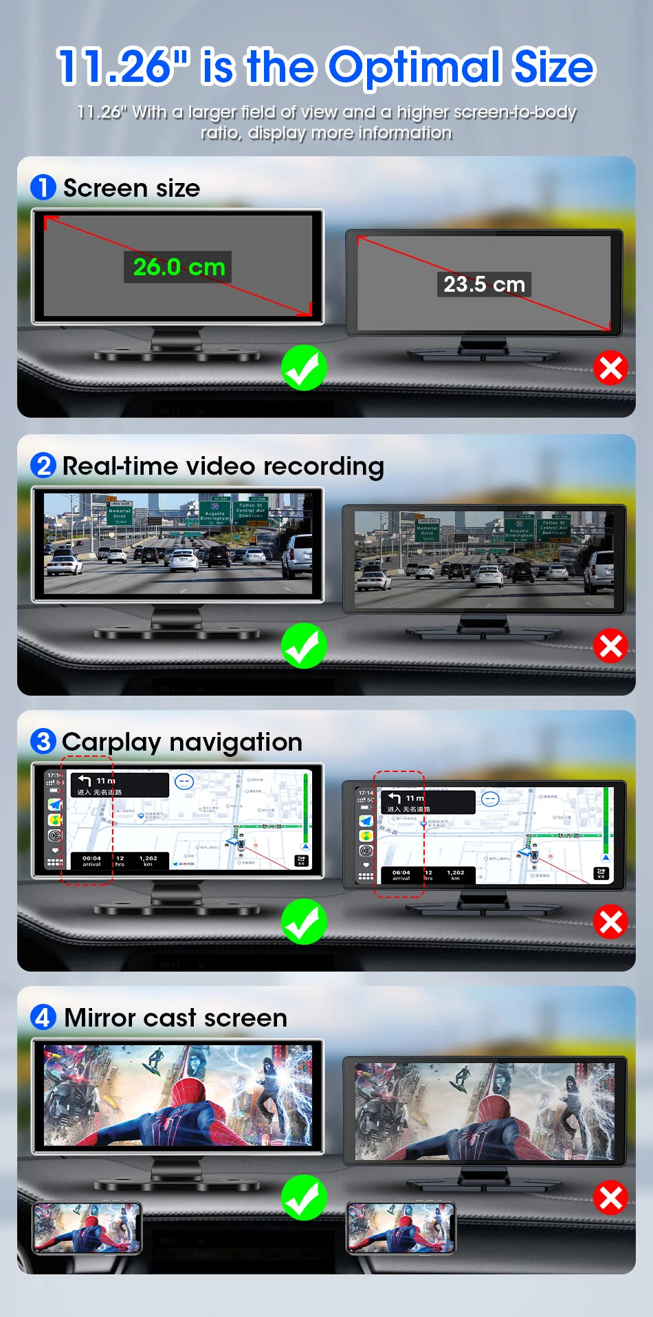 4K Car DVR Dash Cam 11.26" Dual Lens Wireless Carplay Android Auto Video Recorder GPS Navigation Monitor 5G Wifi FM AUX