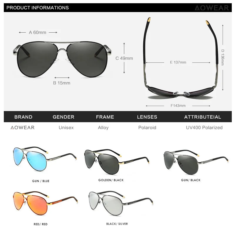 Lunettes de soleil aviation pour hommes — miroir polarisé, pilote HD, conduite, UV400