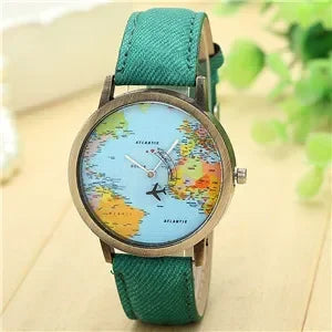 2022 moda mundial mapa del mundo avión mezclilla tela banda casual hombres mujeres relojes de cuarzo reloj regalo Horloges Relógio
