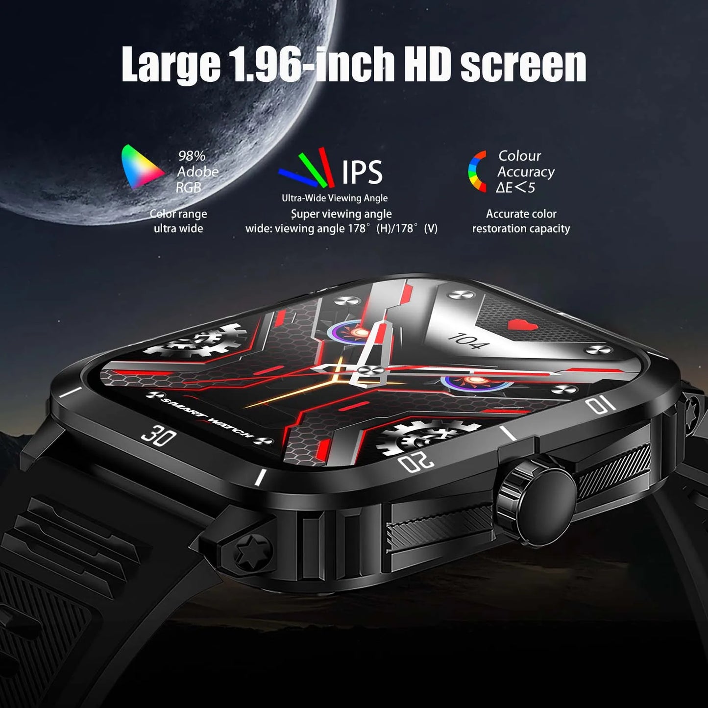 EIGIIS Smart Watch 3ATM Waterproof 1.96" IPS Military Screen KT71 Men's 100+ Sports Mode Heart Rate Blood Pressure Bluetooth Call