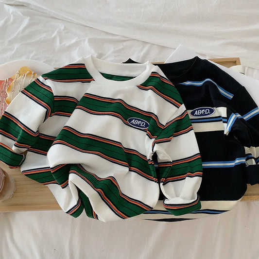 2025 automne enfants vêtements filles manches longues chemises à bascule Cool garçons rayure coton T-shirt adolescent ample décontracté 2-7y enfants haut