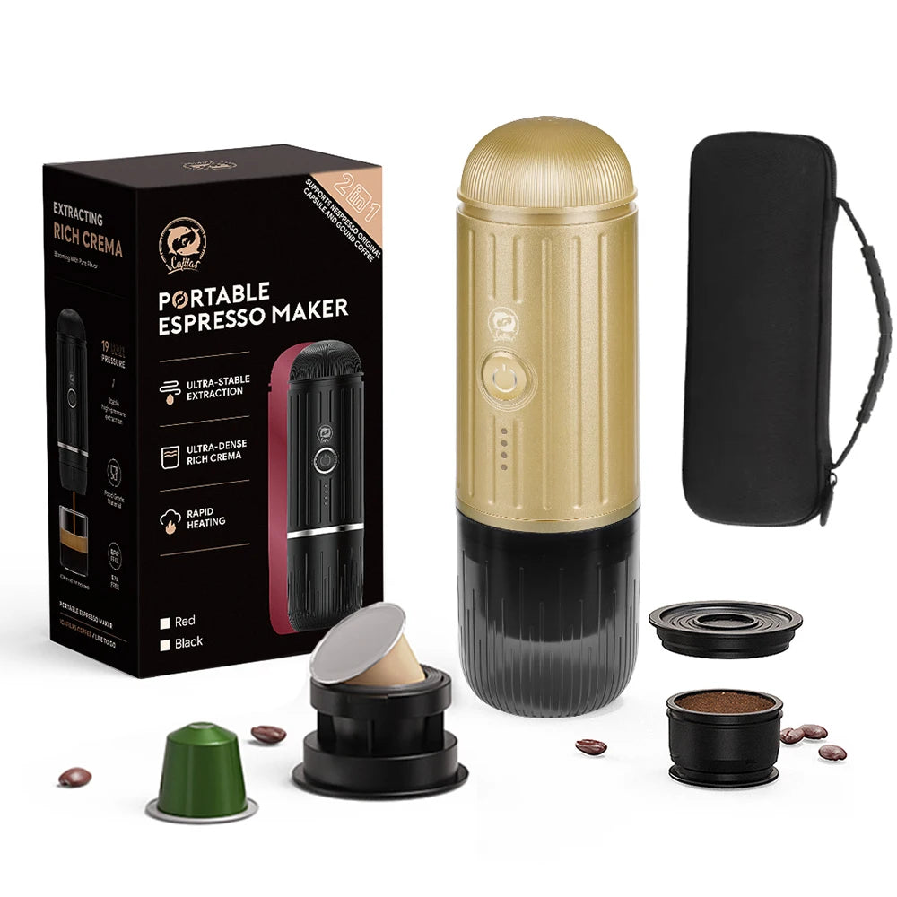 Machine à café expresso portable 19 bars — chauffage automatique, compatible capsules et café moulu