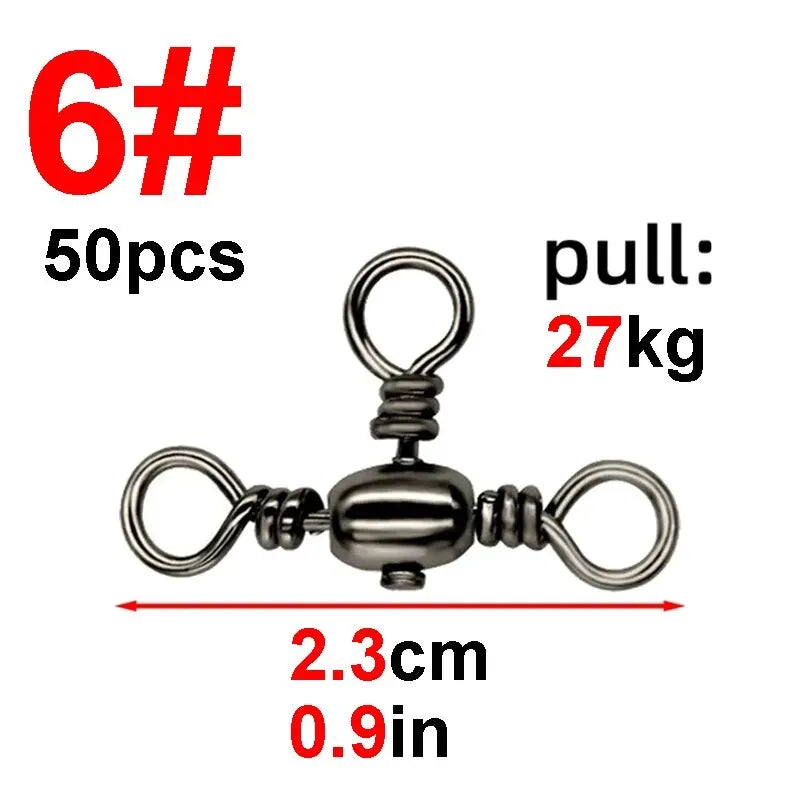 Accesorios de pesca, niquelado negro, conector de tres puntas, separador giratorio de sublínea en T, anillo Bazi para pesca al aire libre, 50 piezas/bolsa