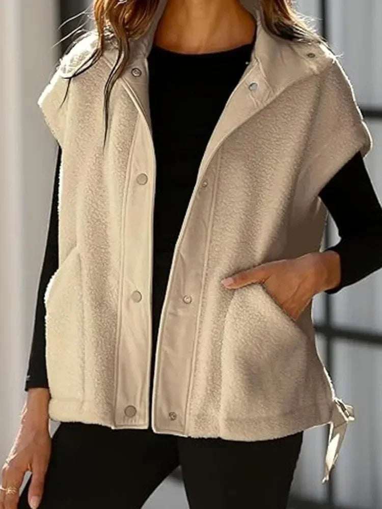 Gilet polaire pelucheux pour femme, surdimensionné, sans manches, Sherpa, chaud, boutonné, vêtements d'extérieur avec poches