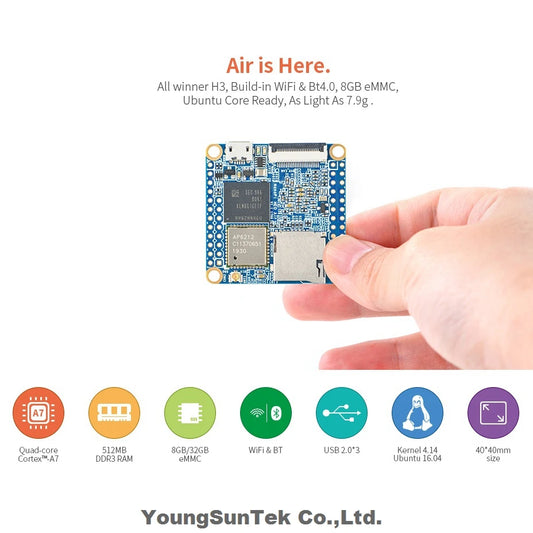 NanoPi Neo Air LTS 512M RAM/8G eMMC procureur gSunTek Allwinner façades Cortex A7,1.2GHz,OpenWRT,Wifi & BT UbunaryLinux Armbian DietPi Kali