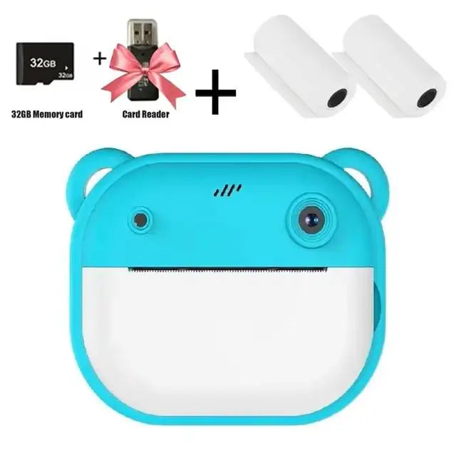 Instant camera for children, mini digital video camera for children, 1080P screen, thermal paper printing + 32G memory card