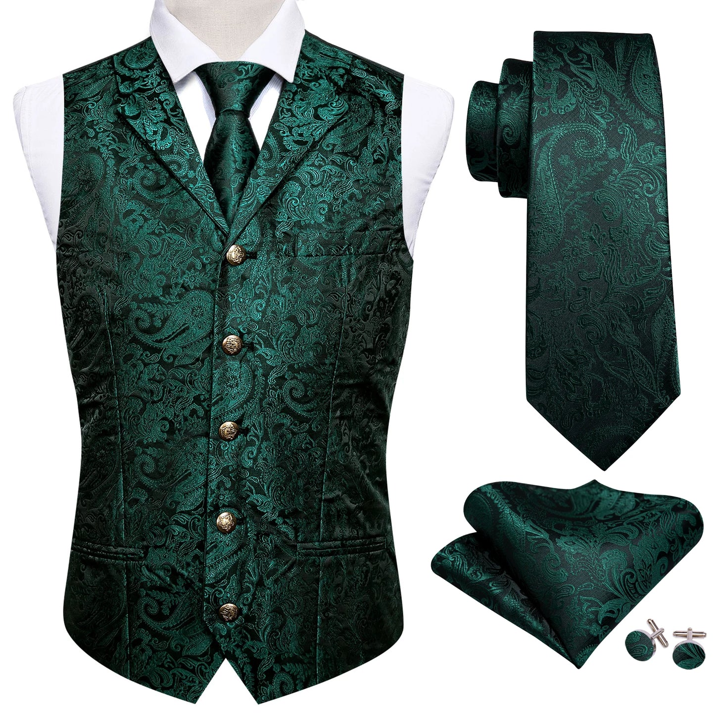 Gilet pour homme vert Paisley Floral slim — sans manches, formel, cravate, pochette assortie