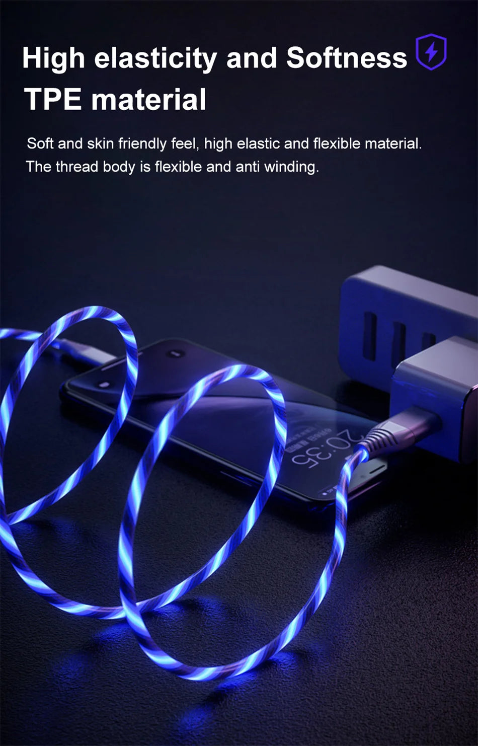 Câble USB Lumineux 7A — Charge Rapide Micro USB & Type-C LED Streamer
