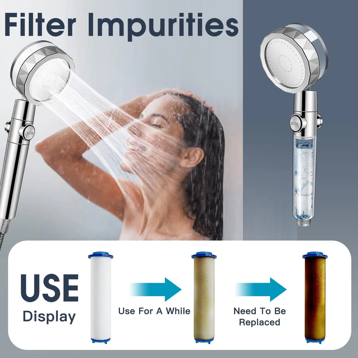 Pommeau de douche avec ventilateur Turbo, Rotation à 360 degrés, haute pression, économie d'eau, Spray réglable, filtres, accessoires de salle de bains