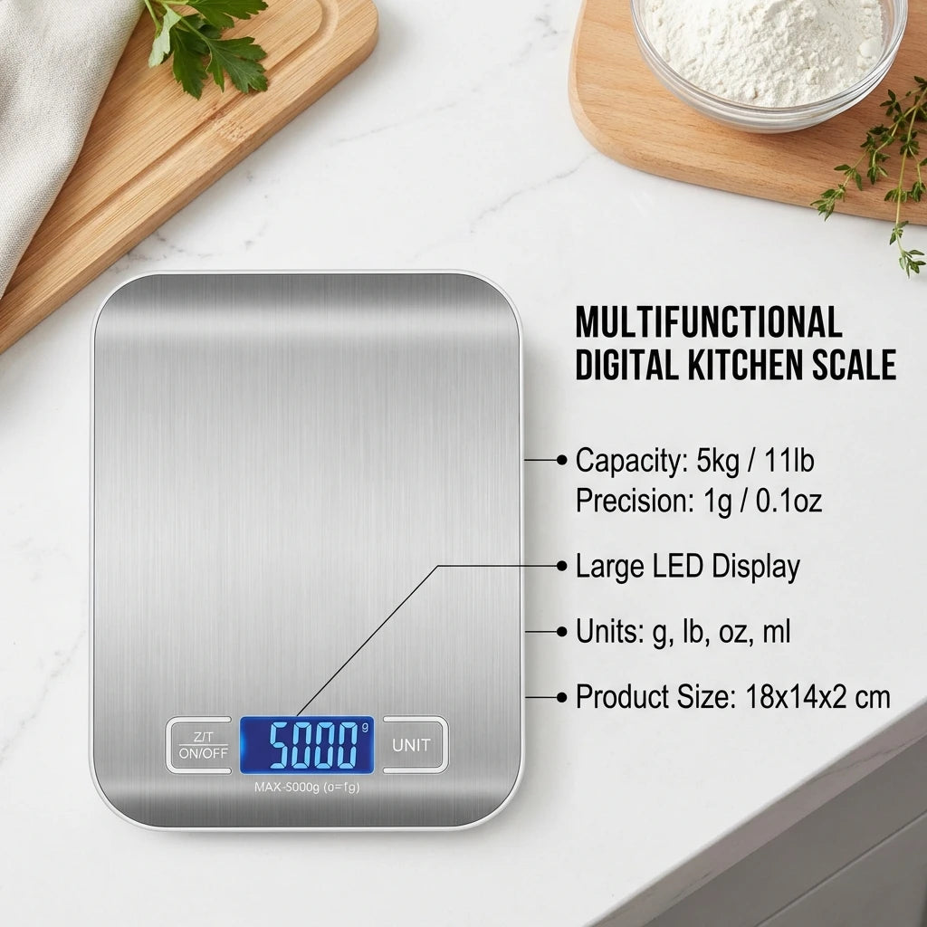 Balanza de cocina digital con pantalla LED de 5 kg/1 g de acero inoxidable, báscula de alimentos electrónica para joyas, aperitivos, hornear, herramientas de cocina