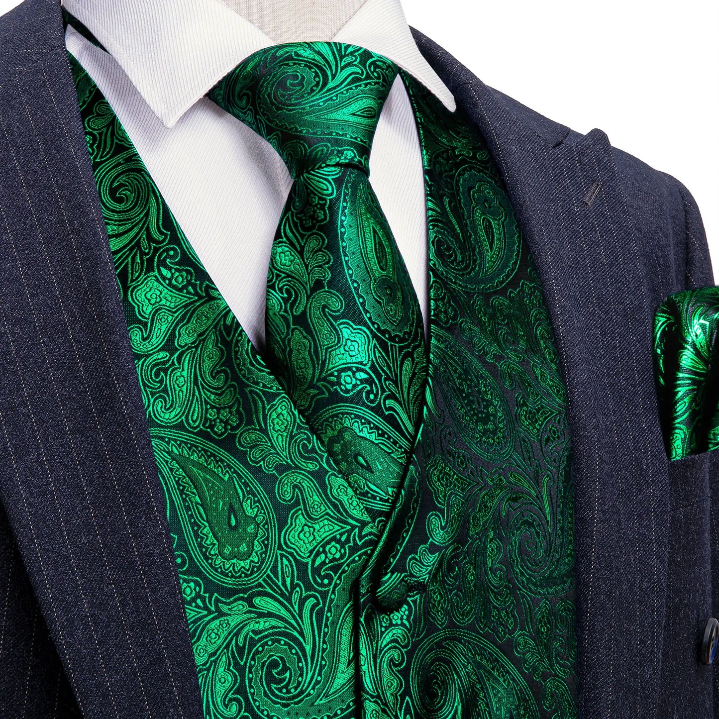 Gilet pour homme vert Paisley Floral slim — sans manches, formel, cravate, pochette assortie