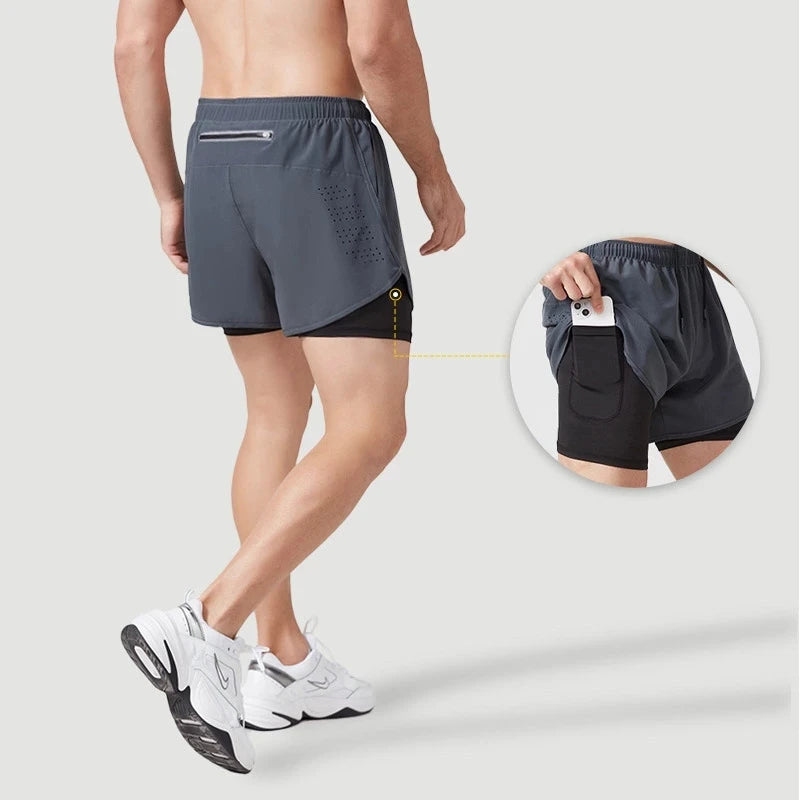 Men's Running Shorts, Quick Dry, Fitness, Black, Double Layer, New Sport, Training, Bodybuilding, Short Pants