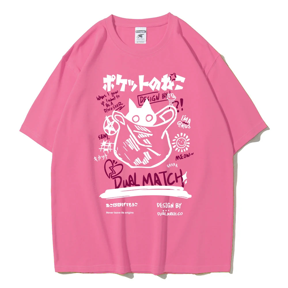 Hombres Mujeres Camisetas de Dibujos Animados 2024 Verano Harajuku Kawaii Gato Impreso Manga Corta Camisetas Pareja Streetwear Ropa Suelta Tops Y2K