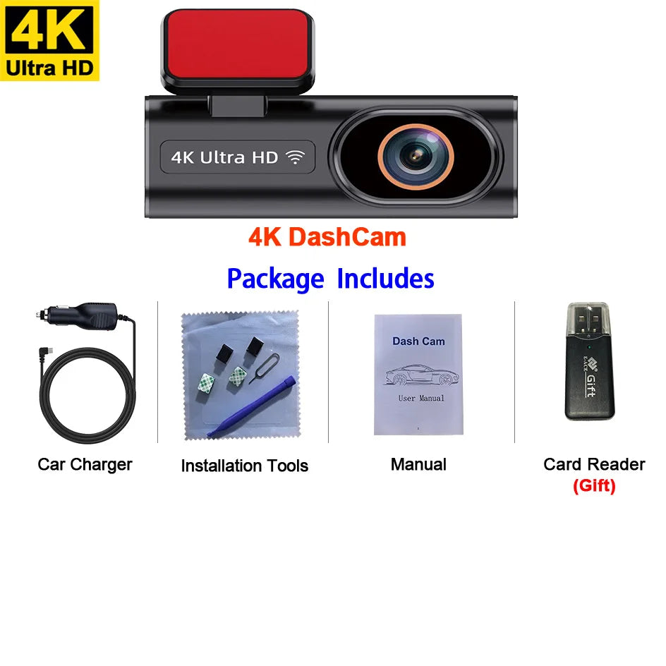 Dashcam Ultra HD 4K — enregistrement en boucle, surveillance stationnement 24H, vision nocturne, caméra arrière, WiFi