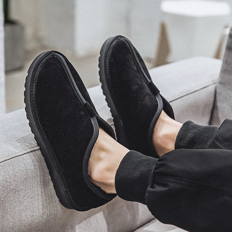 Zapatillas de piel cálidas sin cordones para hombre, botas de nieve impermeables, botas de lavado, zapatos de invierno