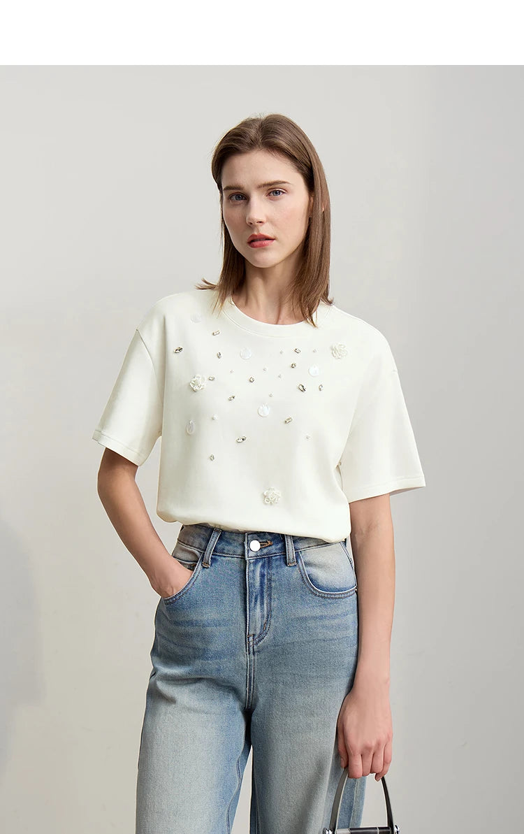 T-shirt femme 2026 — col rond, perle tridimensionnelle, fleur, diamant, tricot, ample