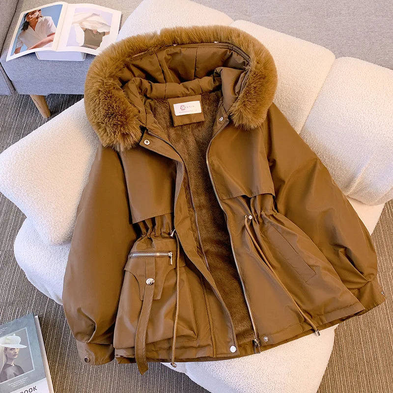 Veste d'hiver à capuche doublée polaire pour femme, manteau chaud rembourré avec cordon de serrage, Parkas coréen décontracté, Streetwear, vêtements d'extérieur bouffants