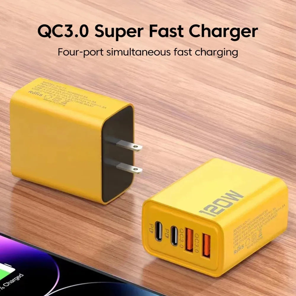 Total 120W USB Fast Charger 4 Ports PD Quick Charge USB 3.0 Type C EU US UK Plug Universal Wall Charger USB C Charging Adapter