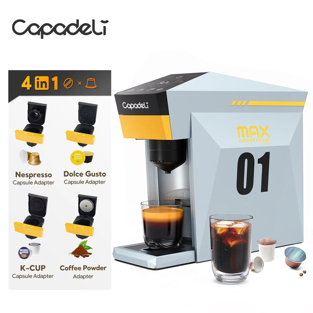 4-in-1 espresso machine compatible with K Cup pods, Nes Original, DG Capsules, and ground coffee