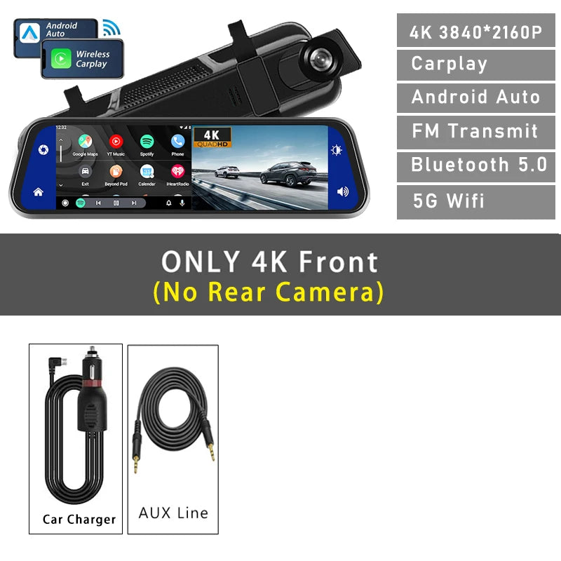 Dashcam 10" 4K GPS 5G WiFi — Rétroviseur Flux AUX Enregistreur FM