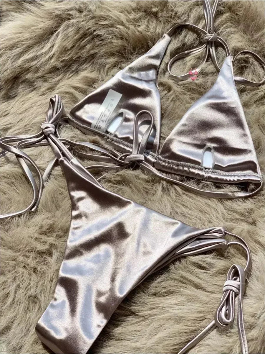 Licou brésilien métallique Satin Bikini femmes maillots de bain femme maillot de bain deux pièces Bikini ensemble coupe haute maillot de bain maillots de bain