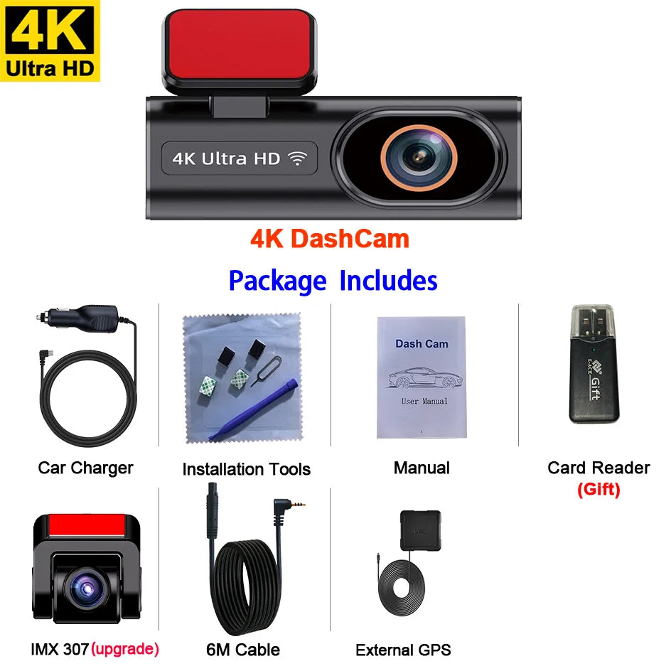 Dashcam Ultra HD 4K — enregistrement en boucle, surveillance stationnement 24H, vision nocturne, caméra arrière, WiFi