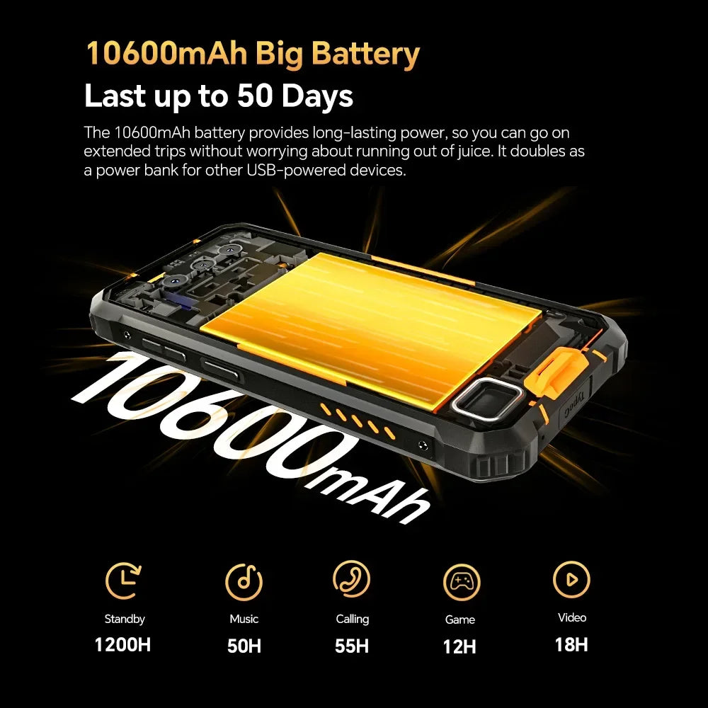 Téléphone robuste 6,52 pouces — octocœur, 8 Go RAM, 256 Go, 10 600 mAh, caméra 13 MP, Android 14, NFC