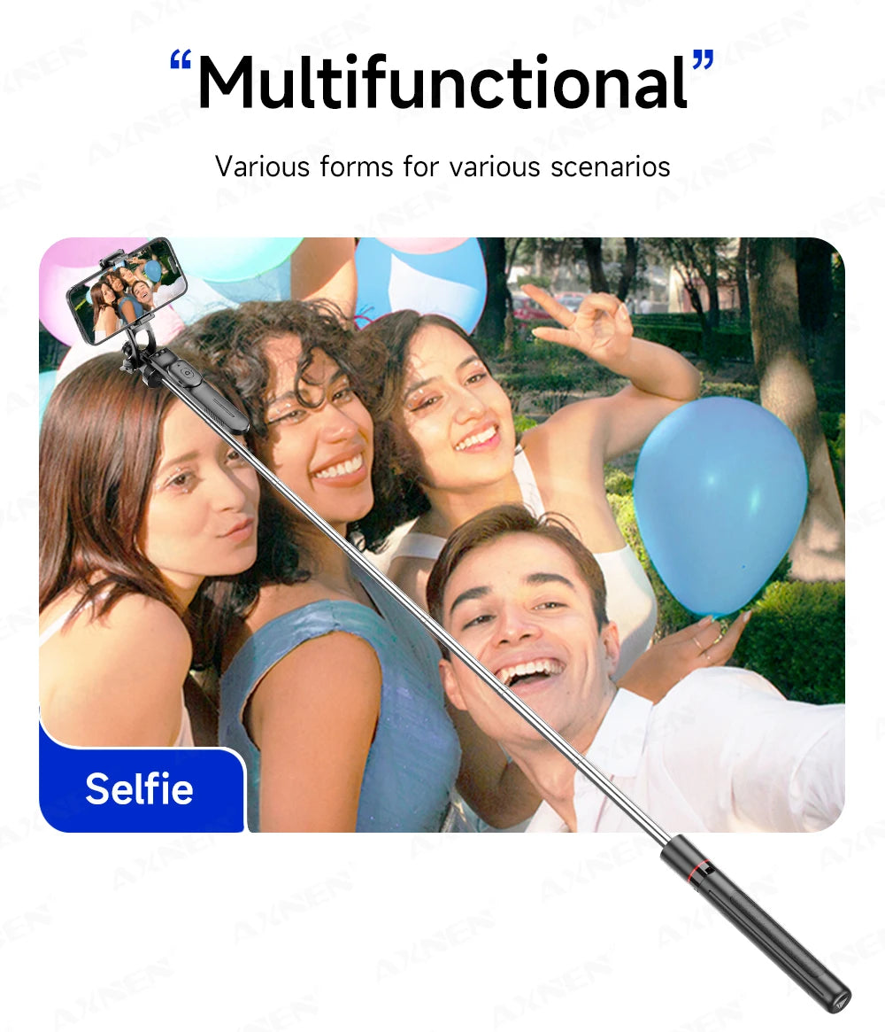 Perche à selfie trépied 1708mm avec télécommande Bluetooth — rotation 360°, interface 1/4", lumière optionnelle