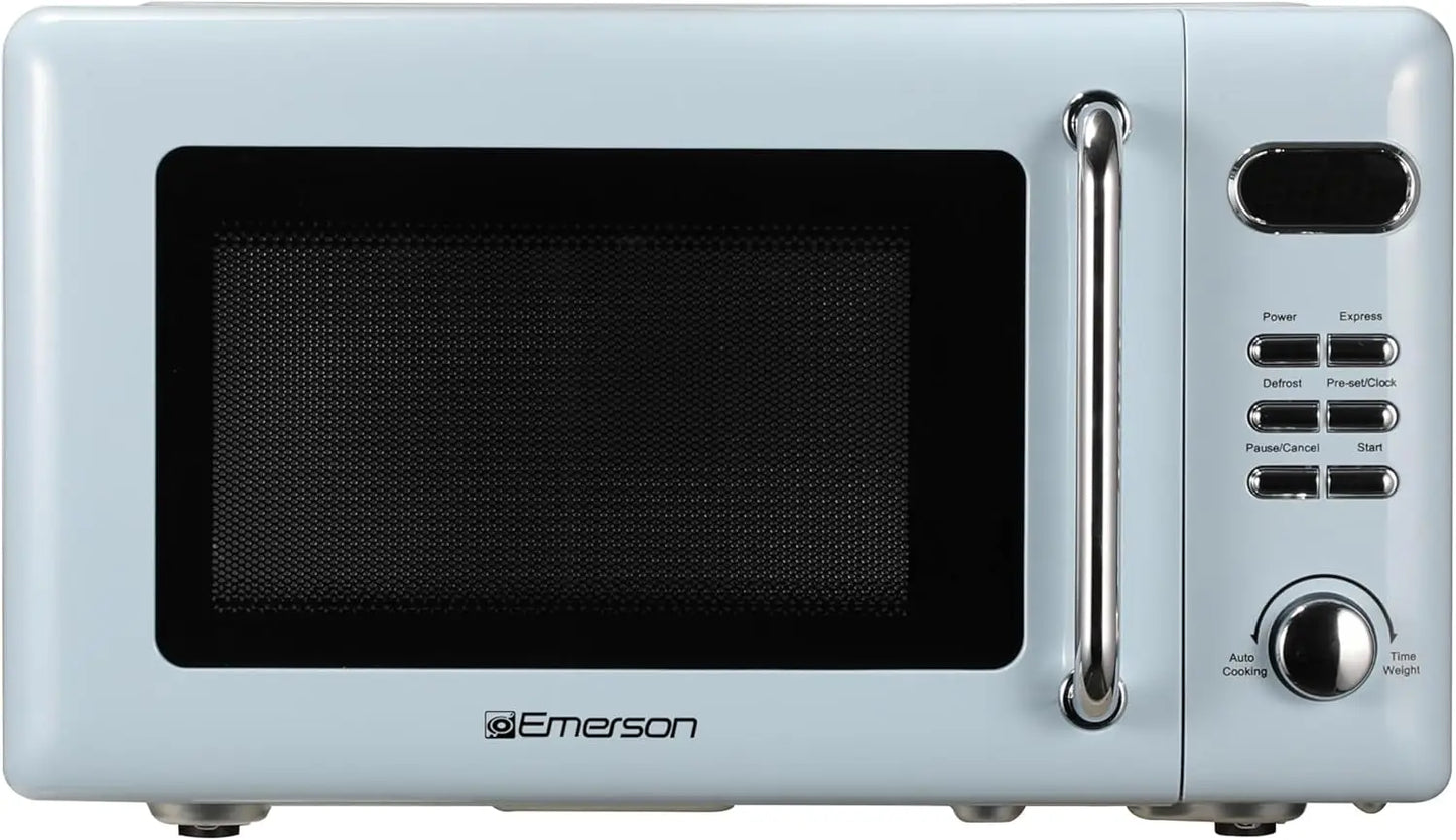 Microondas compacto retro MWR7020BL con control por pomo, pantalla LED, 700 W, 5 niveles de potencia, 8 menús automáticos, plato de cristal