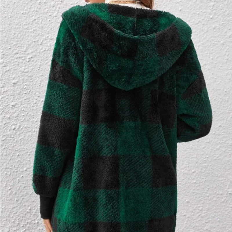 Cardigan Double polaire à carreaux pour femme, doux, ample, manches longues, peluche, chaud, veste à capuche, Patchwork, manteau d'extérieur, automne hiver