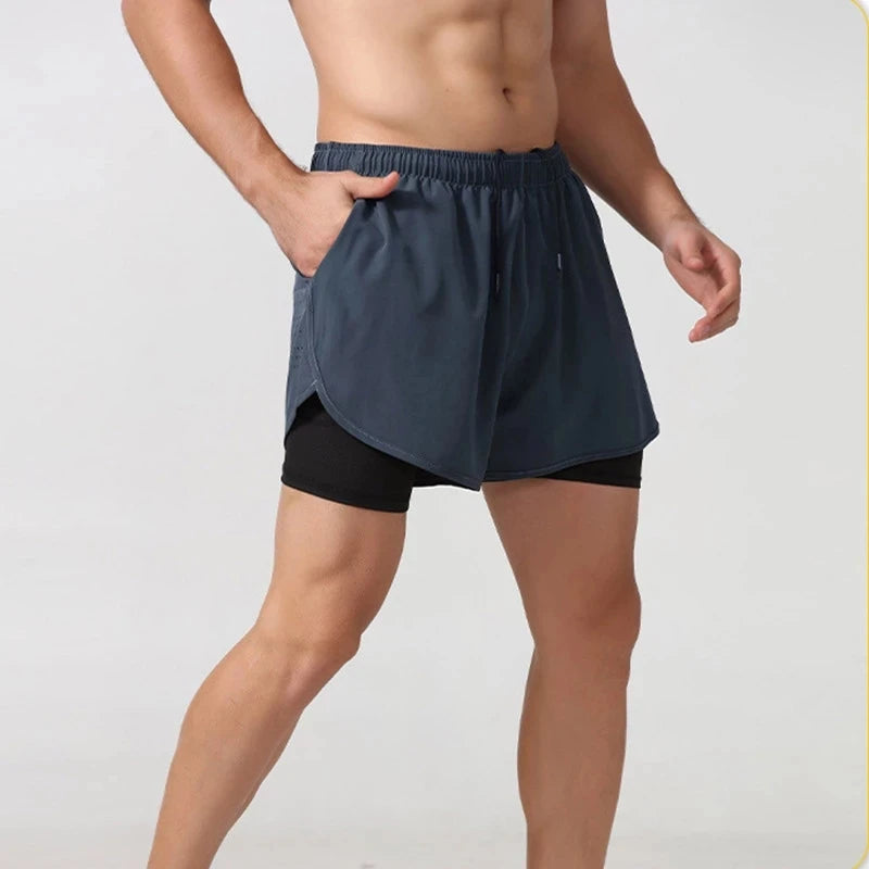 Men's Running Shorts, Quick Dry, Fitness, Black, Double Layer, New Sport, Training, Bodybuilding, Short Pants