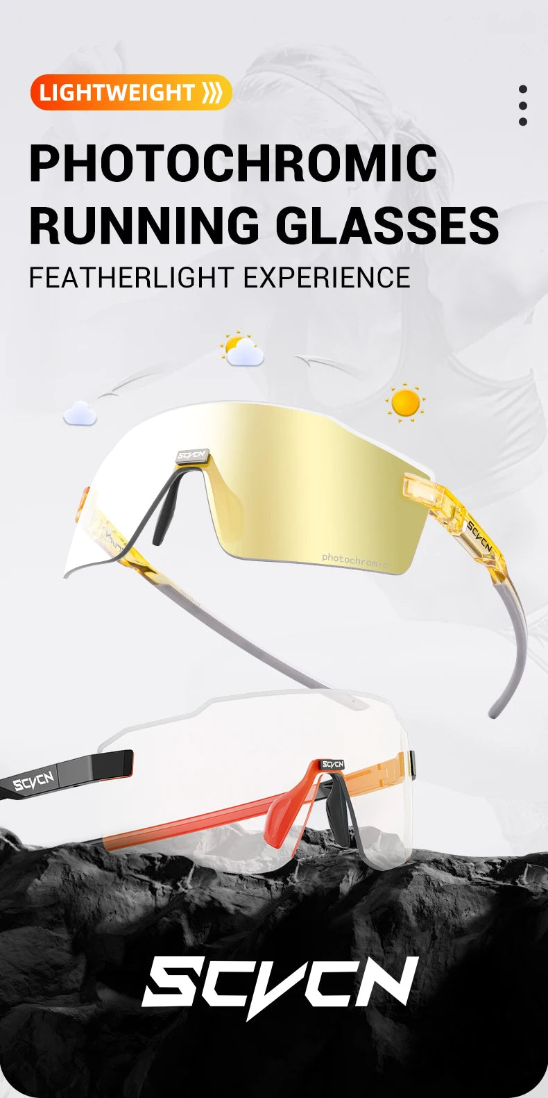 Lunettes de cyclisme photochromiques SCVCN pour hommes et femmes, lunettes de vélo de route et de VTT, lunettes de randonnée décontractées, coupe-vent