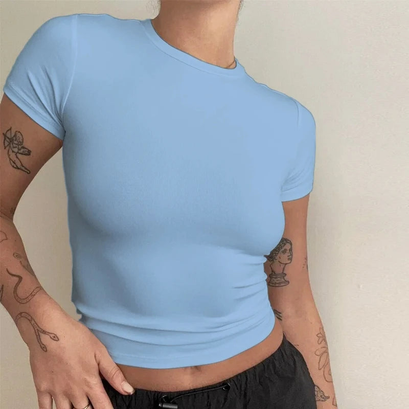 Women's Short Sleeve T-Shirt Slim Fit Tops for Women Round Neck Knitted Sheath T-Shirt Sporty Streetwear 2024 Y2K New2410