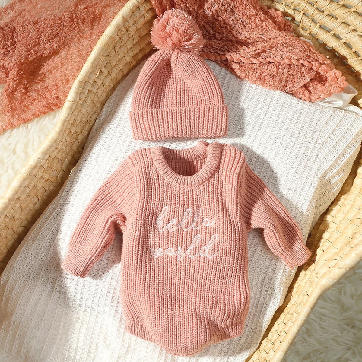 Barboteuse tricotée pour nouveau-né photographie — chapeau à pompon, pull bébé, séance photo HD (v3)