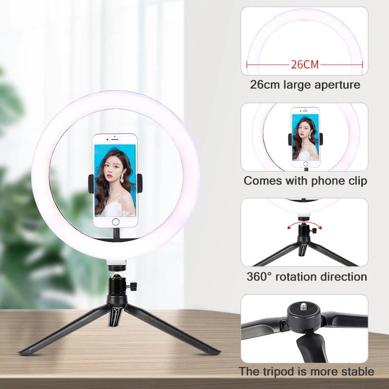 Anneau Lumineux LED Selfie 26cm 120 Perles avec Trépied — Kit Éclairage USB Vidéo