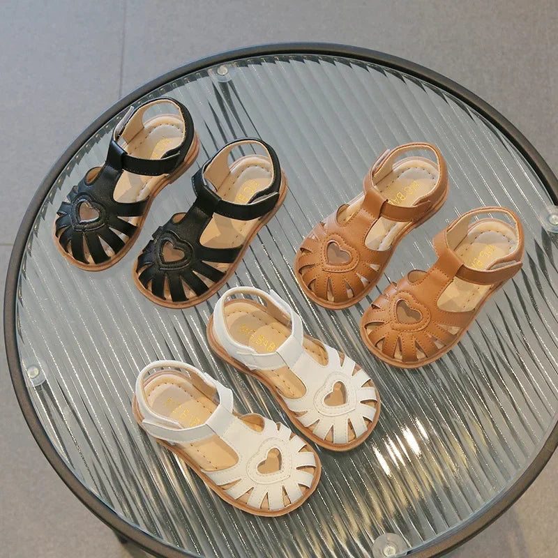 Girls Cute Barefoot Flat Leather Summer Sandals Kids Party Dress Shoes Toddler Children Love Soft Bottom