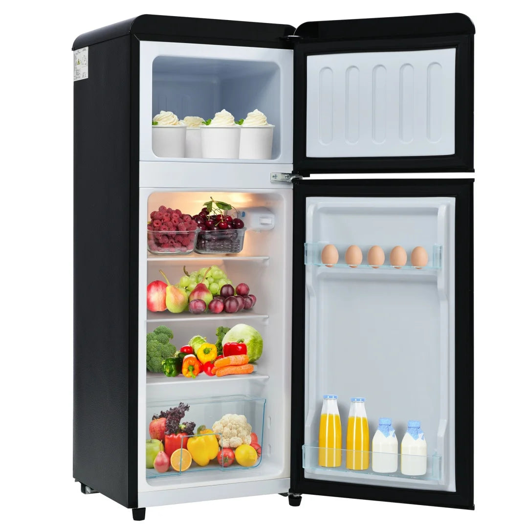 Frigorífico y congelador combinados, 105,5 cm de alto, 41 cm de ancho, doble puerta, volumen total 92 litros, capacidad del congelador 28 litros