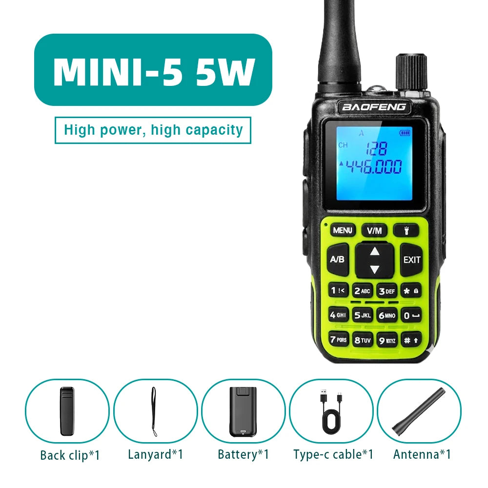 Mini talkie-walkie Baofeng MINI-5, double bande UV, Bluetooth, FM, sélection de fréquence à un bouton, idéal pour les voyages.